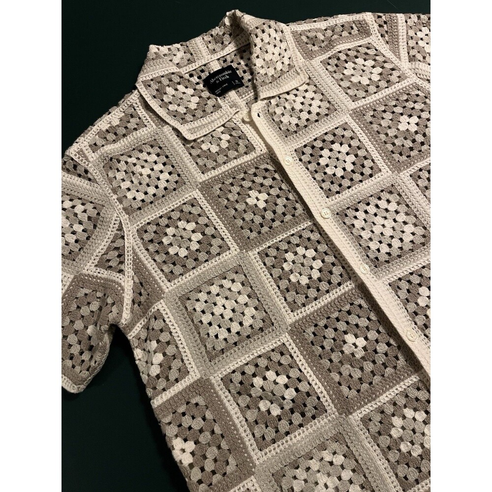 NEW Abercrombie & Fitch Crochet Knit Geometric Shirt Mens MED Boho Beach Casual